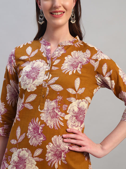 Women Printed Mustard 3/4th Sleeves Regular Fit Kurti
