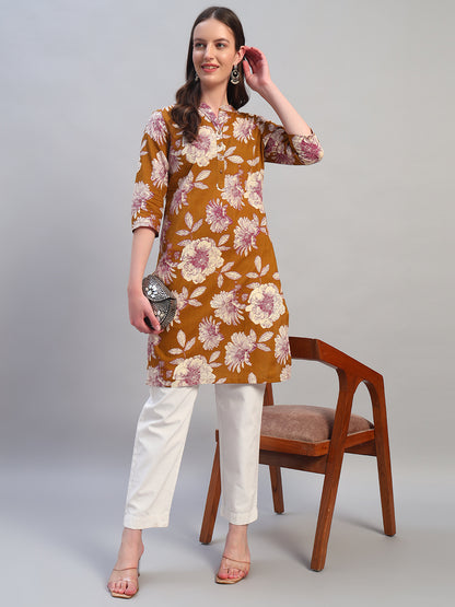 Women Printed Mustard 3/4th Sleeves Regular Fit Kurti