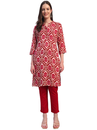 Women Printed Wine 3/4th Sleeves Regular Fit Kurti