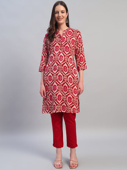 Women Printed Wine 3/4th Sleeves Regular Fit Kurti