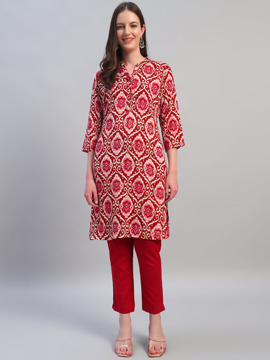 Women Printed Wine 3/4th Sleeves Regular Fit Kurti