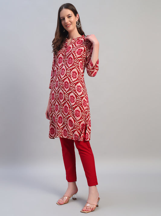 Women Printed Wine 3/4th Sleeves Regular Fit Kurti