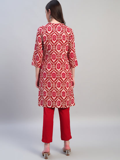 Women Printed Wine 3/4th Sleeves Regular Fit Kurti