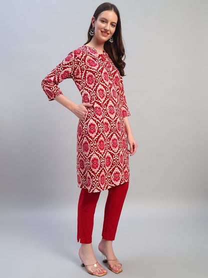Women Printed Wine 3/4th Sleeves Regular Fit Kurti