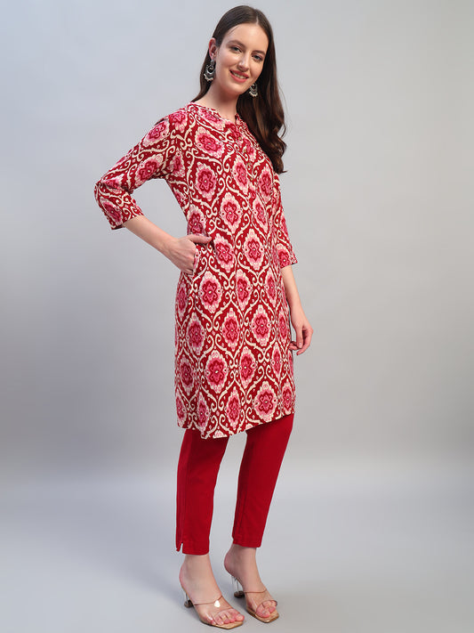 Women Printed Wine 3/4th Sleeves Regular Fit Kurti