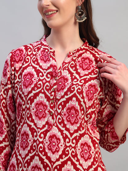 Women Printed Wine 3/4th Sleeves Regular Fit Kurti