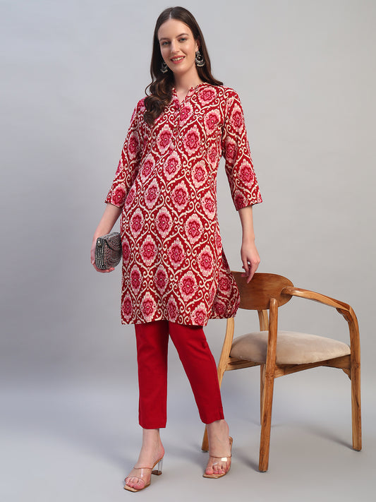 Women Printed Wine 3/4th Sleeves Regular Fit Kurti