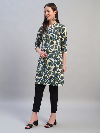 Women Printed Blue 3/4th Sleeves Regular Fit Casual Kurti