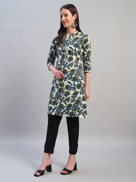 Women Printed Blue 3/4th Sleeves Regular Fit Casual Kurti