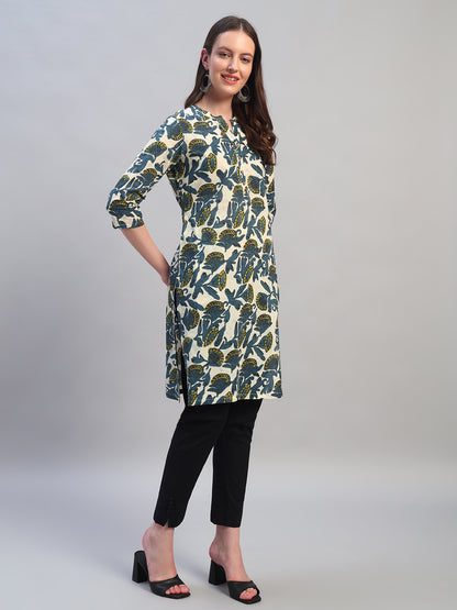 Women Printed Blue 3/4th Sleeves Regular Fit Casual Kurti