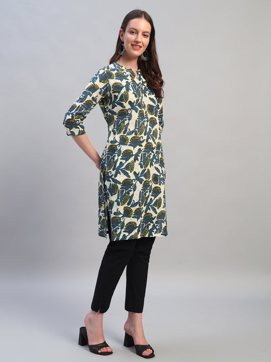 Women Printed Blue 3/4th Sleeves Regular Fit Casual Kurti