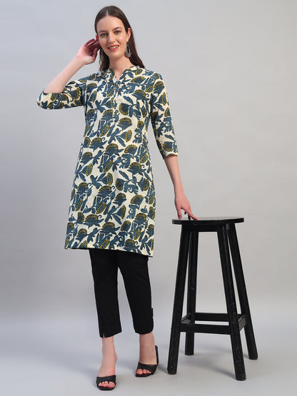 Women Printed Blue 3/4th Sleeves Regular Fit Casual Kurti