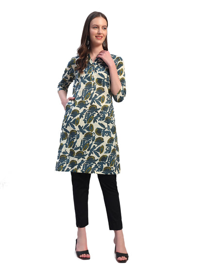 Women Printed Blue 3/4th Sleeves Regular Fit Casual Kurti