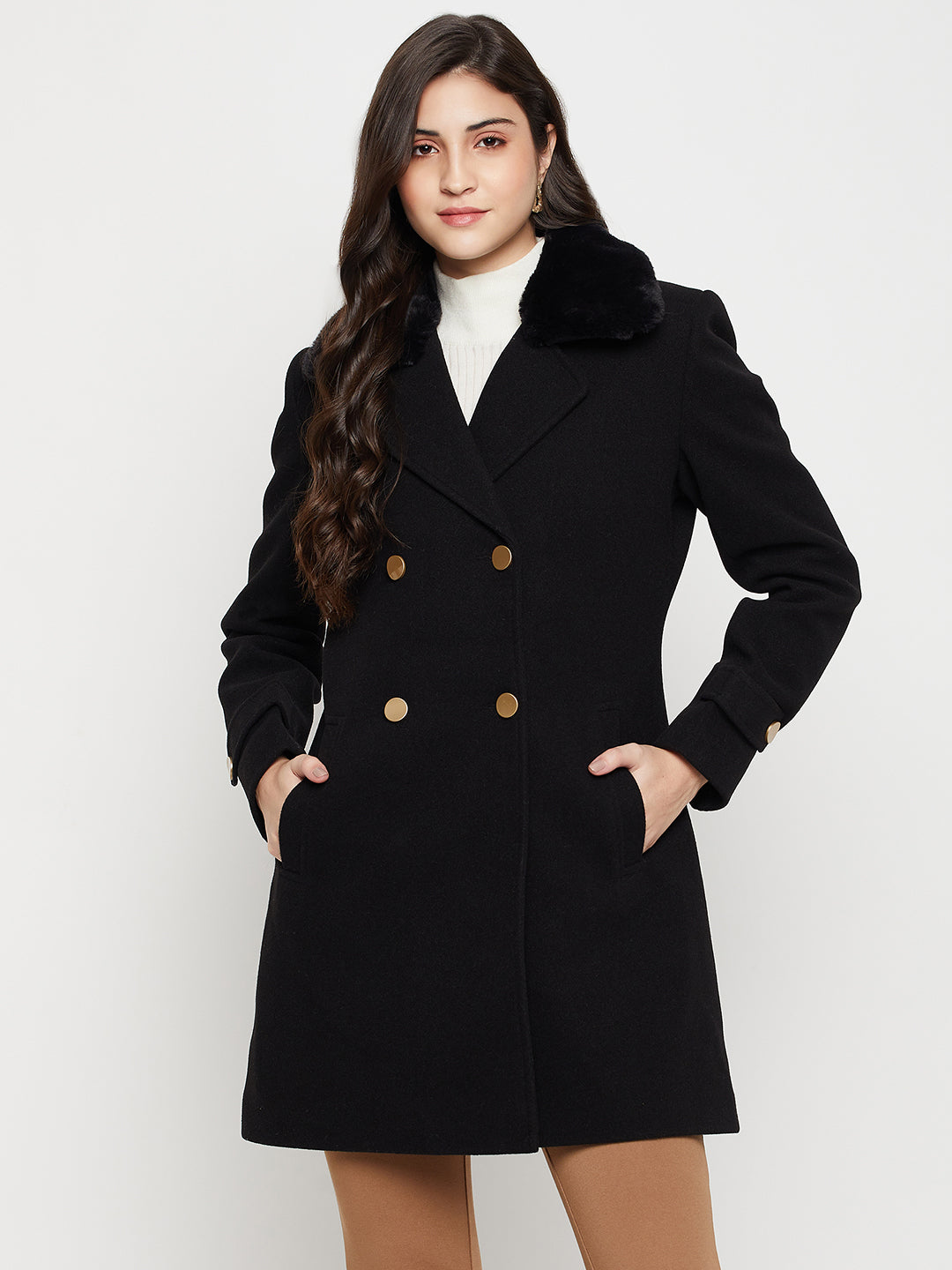 Women's Casual Black Double breasted Notched Lapel Collar with Faux Fur insert Long Coat