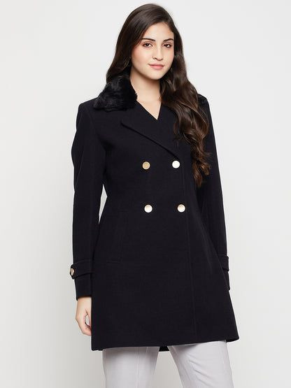 Women's Casual  Navy Blue Double breasted Notched Lapel Collar with Faux Fur insert Long Coat