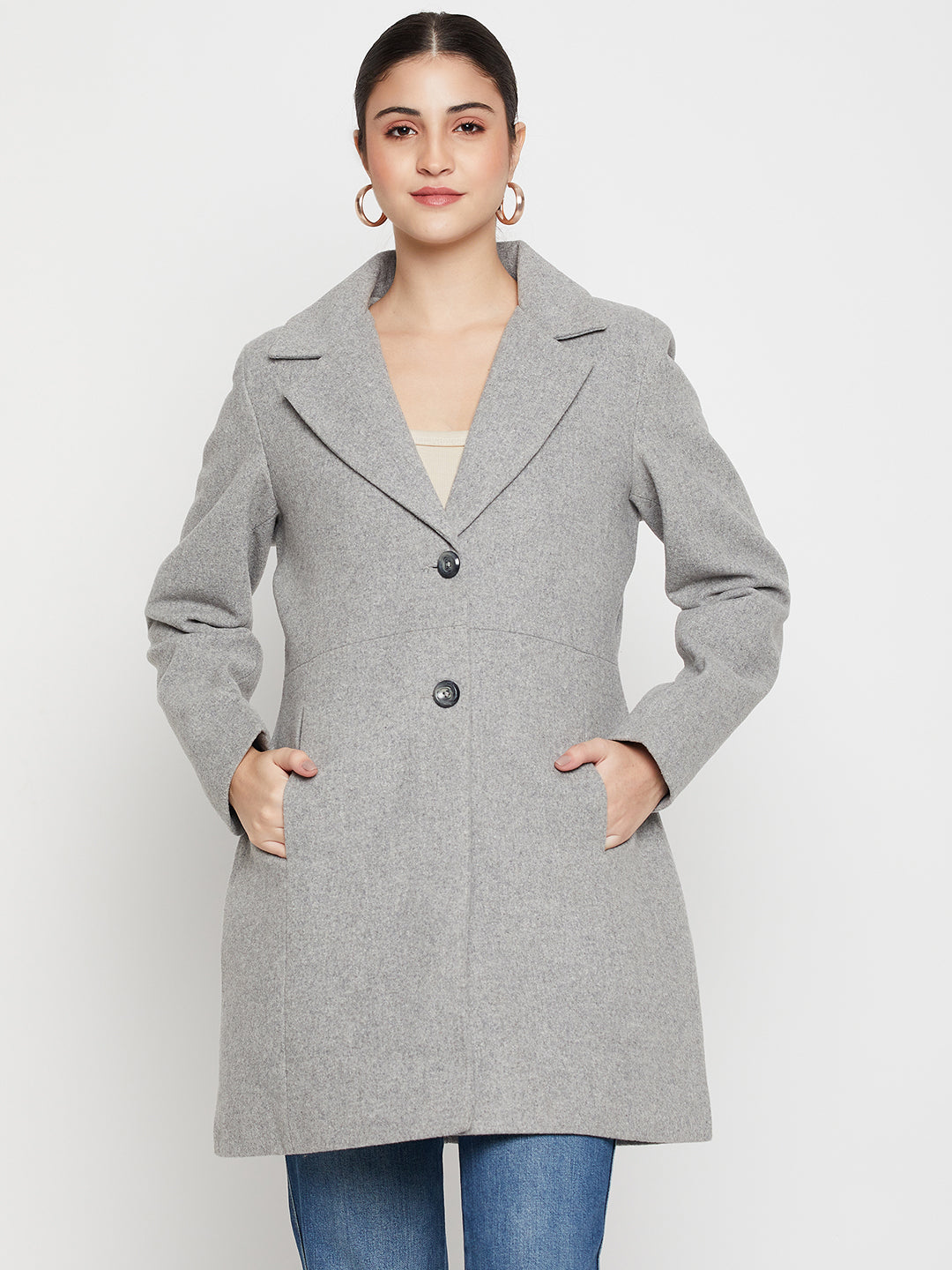 Women's Casual Grey Single breasted Notched Lapel Collar Long Coat