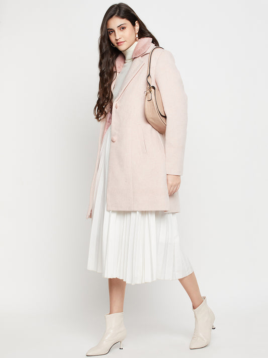 Women's Casual  Pink Single breasted  Notched Lapel Collar with Faux Fur insert Long Coat