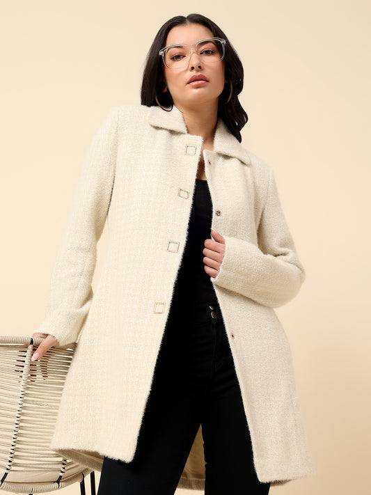 Long Coat for Women | Premium Casual Long Coat Regular Fit Spread Collar Wool Fabric Self Design Pattern