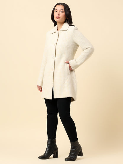 Long Coat for Women | Premium Casual Long Coat Regular Fit Spread Collar Wool Fabric Self Design Pattern