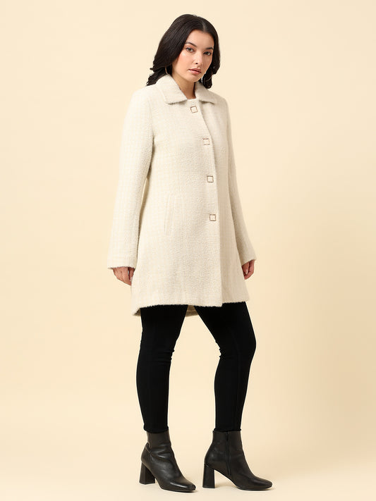 Long Coat for Women | Premium Casual Long Coat Regular Fit Spread Collar Wool Fabric Self Design Pattern