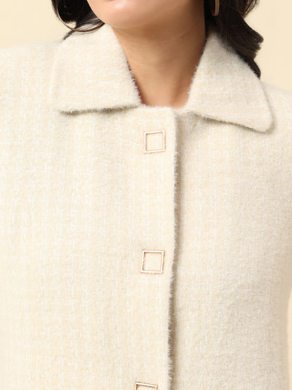 Long Coat for Women | Premium Casual Long Coat Regular Fit Spread Collar Wool Fabric Self Design Pattern