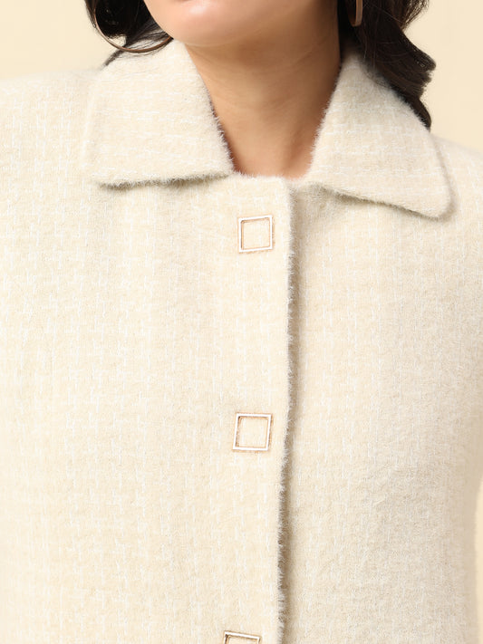 Long Coat for Women | Premium Casual Long Coat Regular Fit Spread Collar Wool Fabric Self Design Pattern