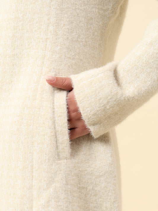 Long Coat for Women | Premium Casual Long Coat Regular Fit Spread Collar Wool Fabric Self Design Pattern