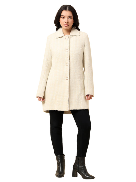Long Coat for Women | Premium Casual Long Coat Regular Fit Spread Collar Wool Fabric Self Design Pattern