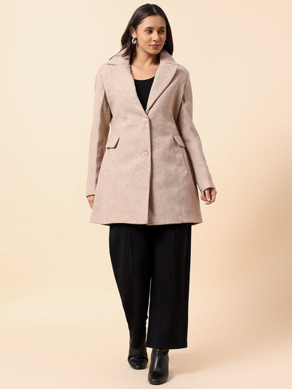 Long Coat for Women l Premium Casual Long Coat Regular Fit Notched Collar Tweed Fabric Solid Pattern