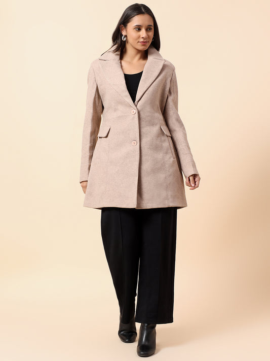 Long Coat for Women l Premium Casual Long Coat Regular Fit Notched Collar Tweed Fabric Solid Pattern