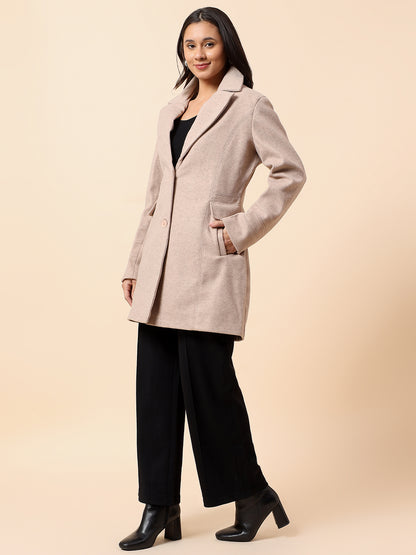 Long Coat for Women l Premium Casual Long Coat Regular Fit Notched Collar Tweed Fabric Solid Pattern