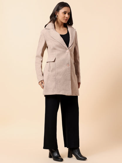 Long Coat for Women l Premium Casual Long Coat Regular Fit Notched Collar Tweed Fabric Solid Pattern