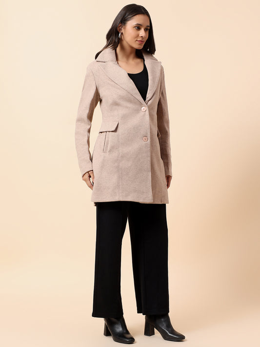 Long Coat for Women l Premium Casual Long Coat Regular Fit Notched Collar Tweed Fabric Solid Pattern
