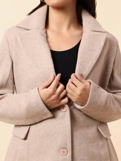 Long Coat for Women l Premium Casual Long Coat Regular Fit Notched Collar Tweed Fabric Solid Pattern