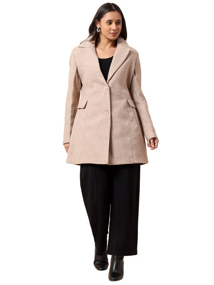 Long Coat for Women l Premium Casual Long Coat Regular Fit Notched Collar Tweed Fabric Solid Pattern