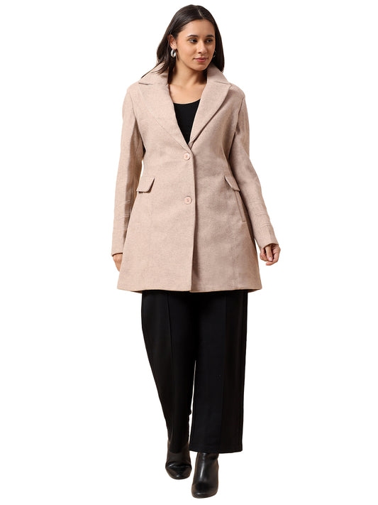 Long Coat for Women l Premium Casual Long Coat Regular Fit Notched Collar Tweed Fabric Solid Pattern