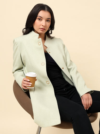Long Coat for Women | Premium Casual Long Coat Regular Fit Mandarin Collar Wool Fabric Solid Pattern
