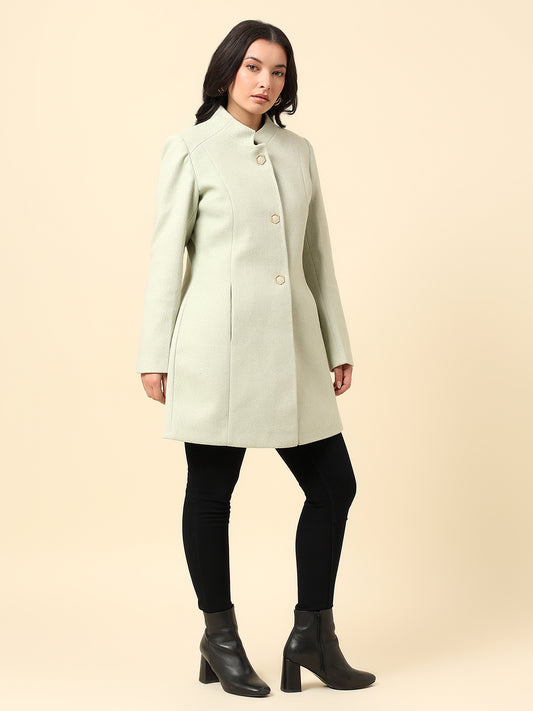Long Coat for Women | Premium Casual Long Coat Regular Fit Mandarin Collar Wool Fabric Solid Pattern