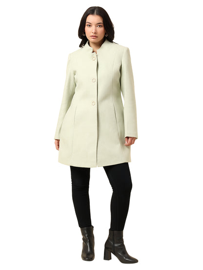 Long Coat for Women | Premium Casual Long Coat Regular Fit Mandarin Collar Wool Fabric Solid Pattern