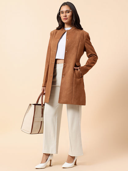 Cantabil Long Coat for Women l Premium Casual Long Coat Regular Fit Notched Collar Suede Fabric Solid Pattern
