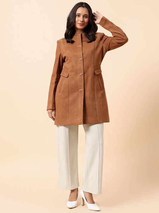 Cantabil Long Coat for Women l Premium Casual Long Coat Regular Fit Notched Collar Suede Fabric Solid Pattern