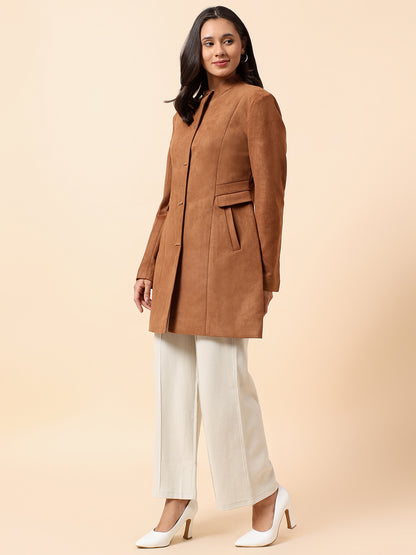 Cantabil Long Coat for Women l Premium Casual Long Coat Regular Fit Notched Collar Suede Fabric Solid Pattern
