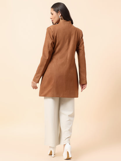 Cantabil Long Coat for Women l Premium Casual Long Coat Regular Fit Notched Collar Suede Fabric Solid Pattern