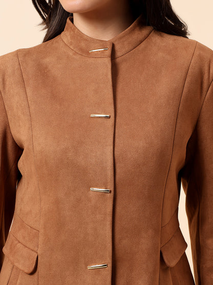 Cantabil Long Coat for Women l Premium Casual Long Coat Regular Fit Notched Collar Suede Fabric Solid Pattern