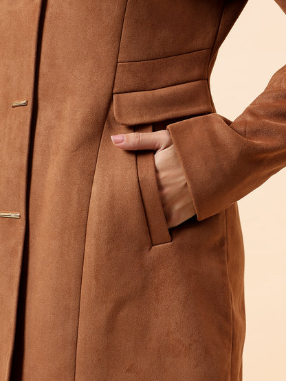 Cantabil Long Coat for Women l Premium Casual Long Coat Regular Fit Notched Collar Suede Fabric Solid Pattern