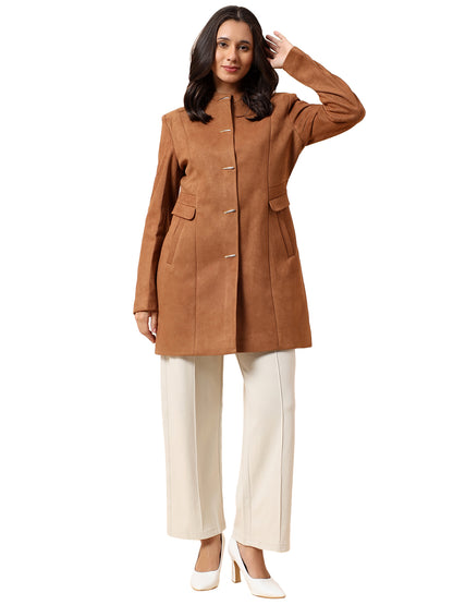 Cantabil Long Coat for Women l Premium Casual Long Coat Regular Fit Notched Collar Suede Fabric Solid Pattern