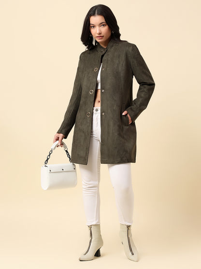 Long Coat for Women | Premium Casual Long Coat Regular Fit Mandarin Collar Velvet Fabric Solid Pattern