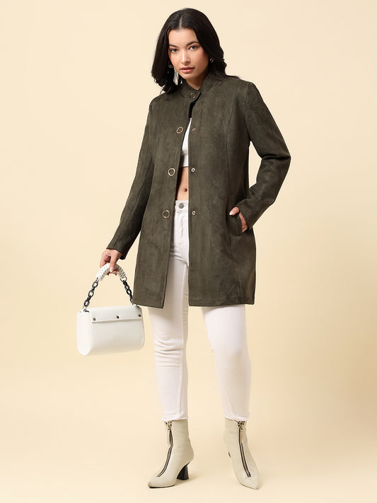 Long Coat for Women | Premium Casual Long Coat Regular Fit Mandarin Collar Velvet Fabric Solid Pattern