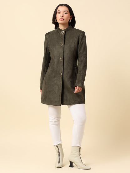 Long Coat for Women | Premium Casual Long Coat Regular Fit Mandarin Collar Velvet Fabric Solid Pattern