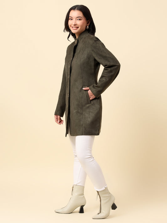 Long Coat for Women | Premium Casual Long Coat Regular Fit Mandarin Collar Velvet Fabric Solid Pattern